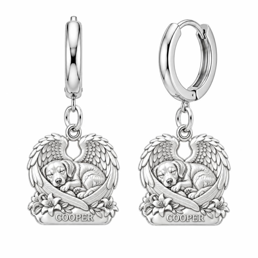 Eternal Angel Wings Pup Huggie Charm Earrings – silver, front view
