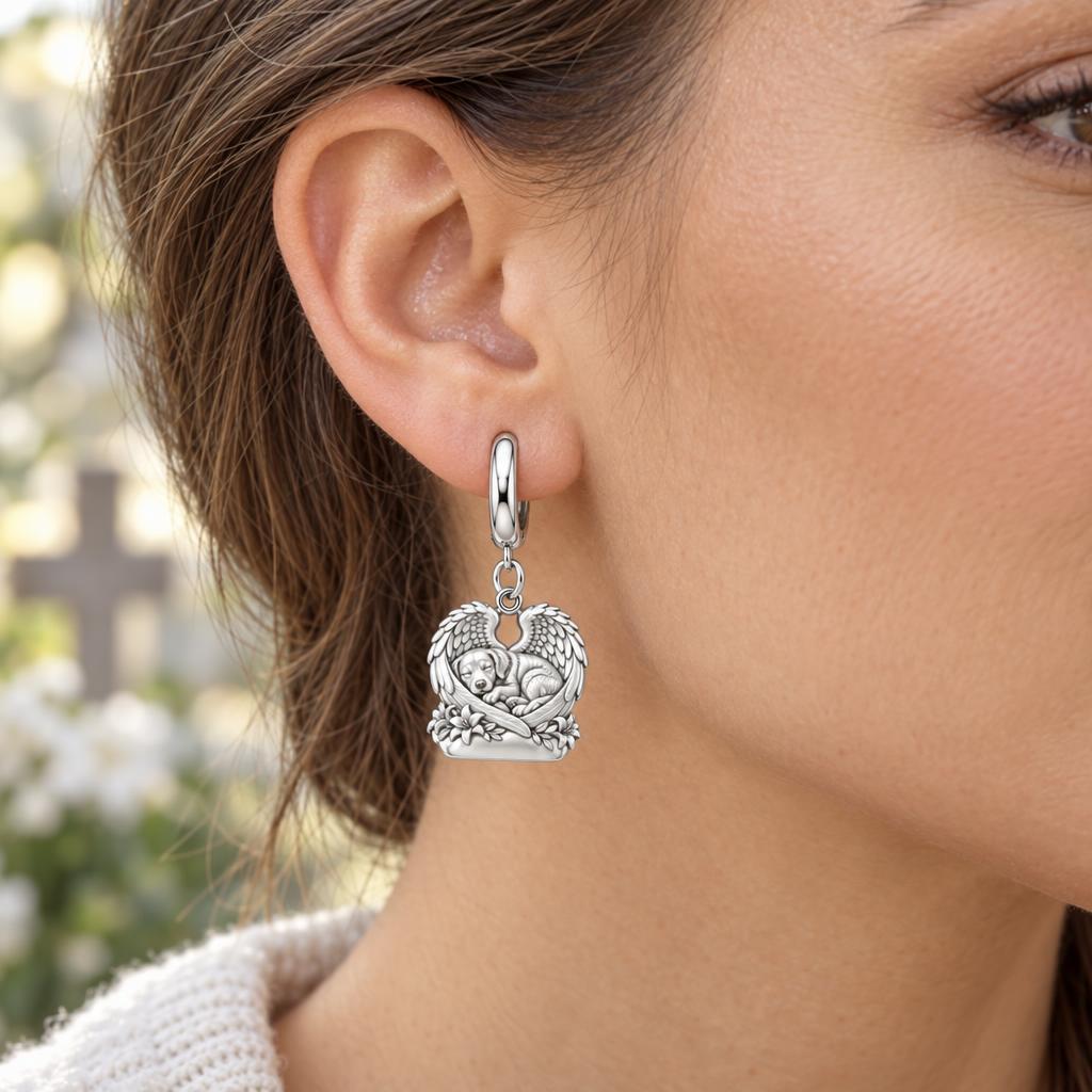 Eternal Angel Wings Pup Huggie Charm Earrings – worn / in use