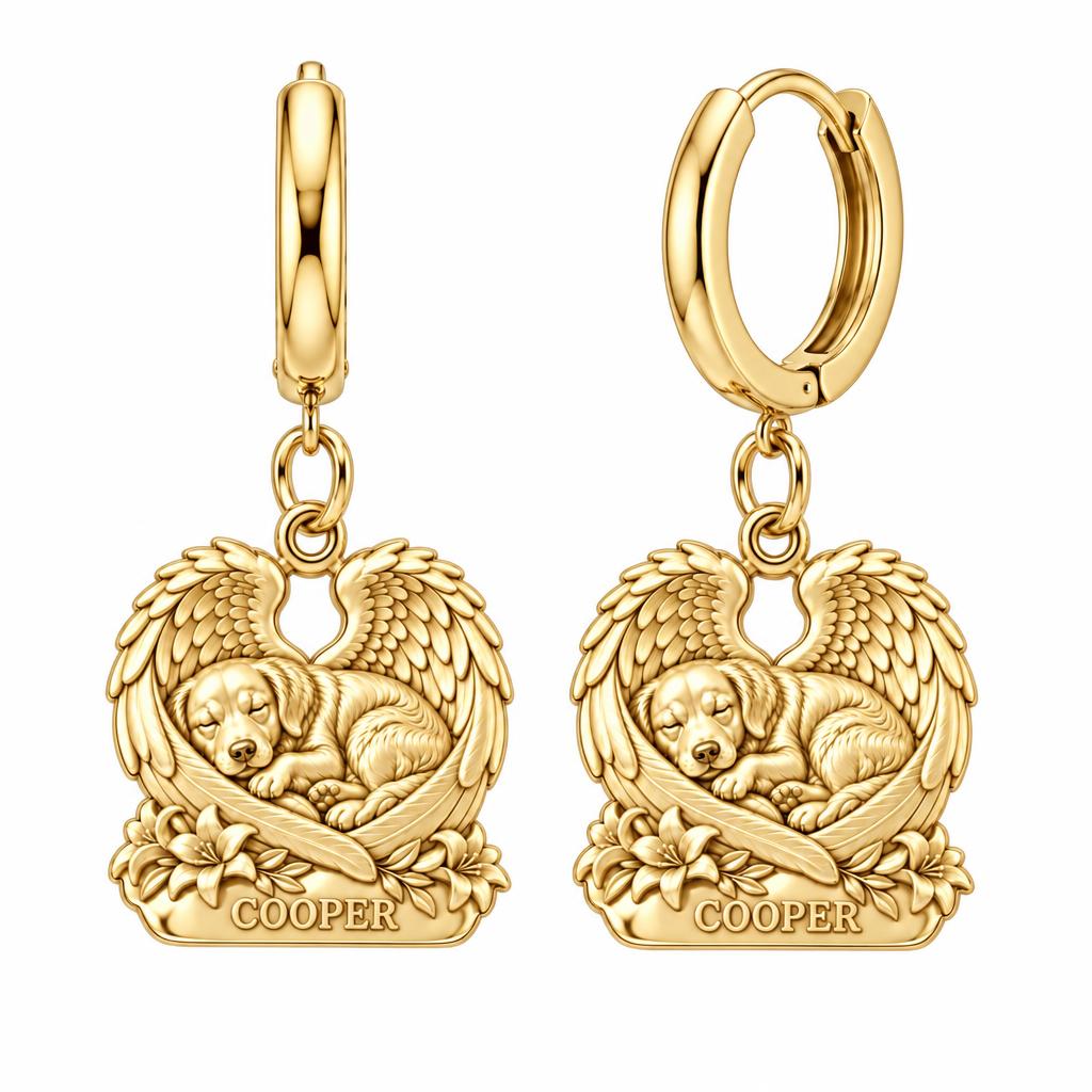 Eternal Angel Wings Pup Huggie Charm Earrings – 18K gold, front view
