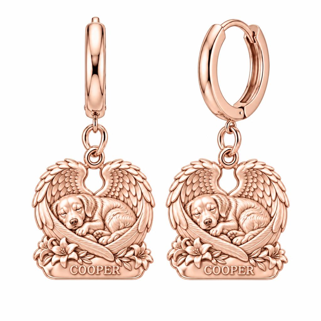 Eternal Angel Wings Pup Huggie Charm Earrings – rose gold, front view