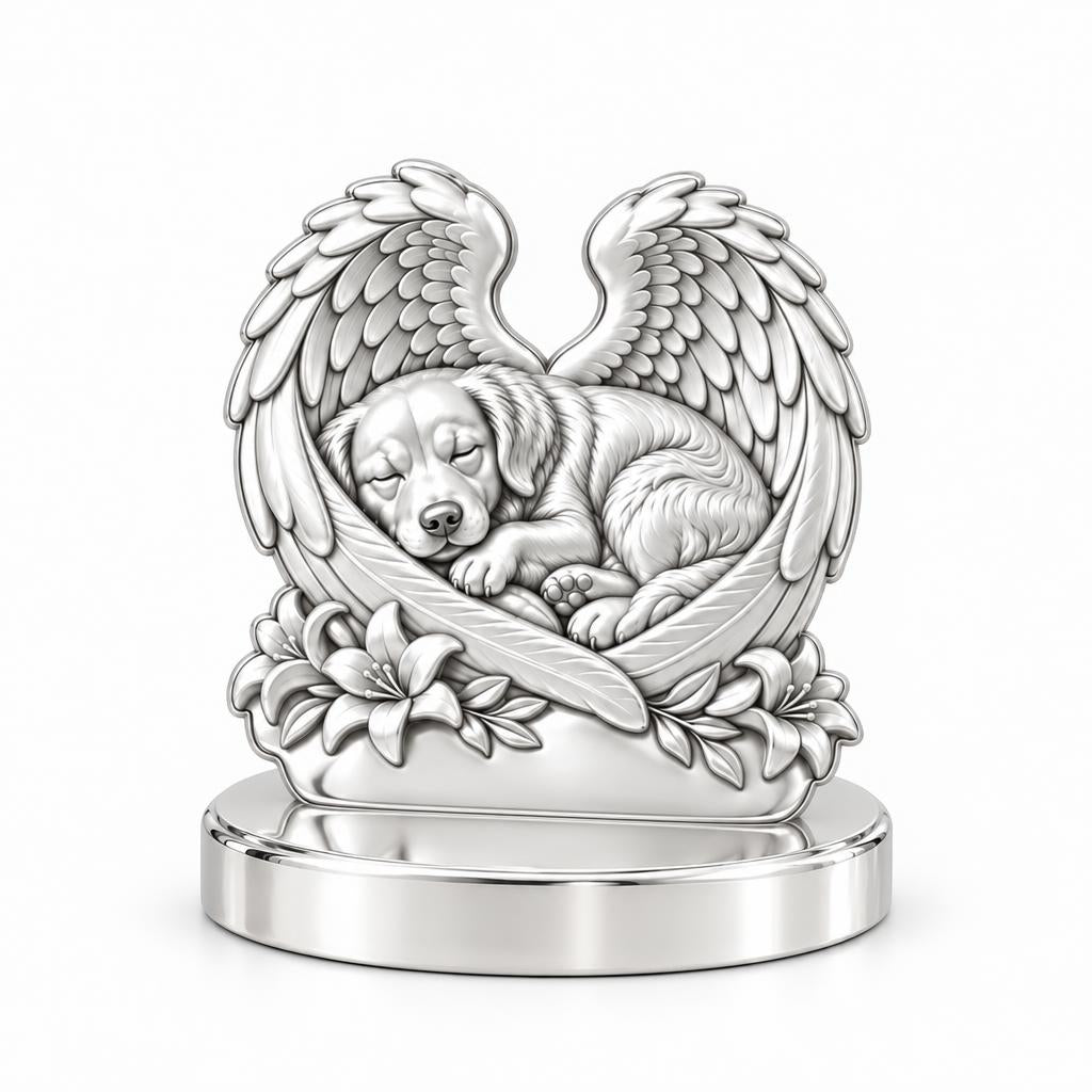 Eternal Angel Wings Pup Keepsake Plaque – silver, front view