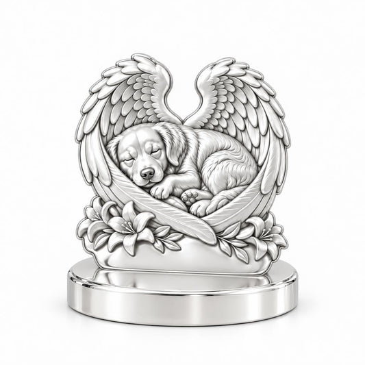 Eternal Angel Wings Pup Keepsake Plaque – silver, front view