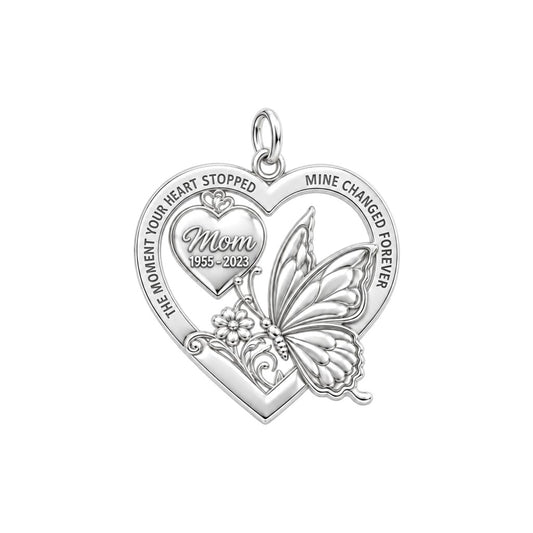 Eternal Butterfly Heart Charm Bracelet – Personalized Memorial Gift – silver plated 3 cm charm, front view