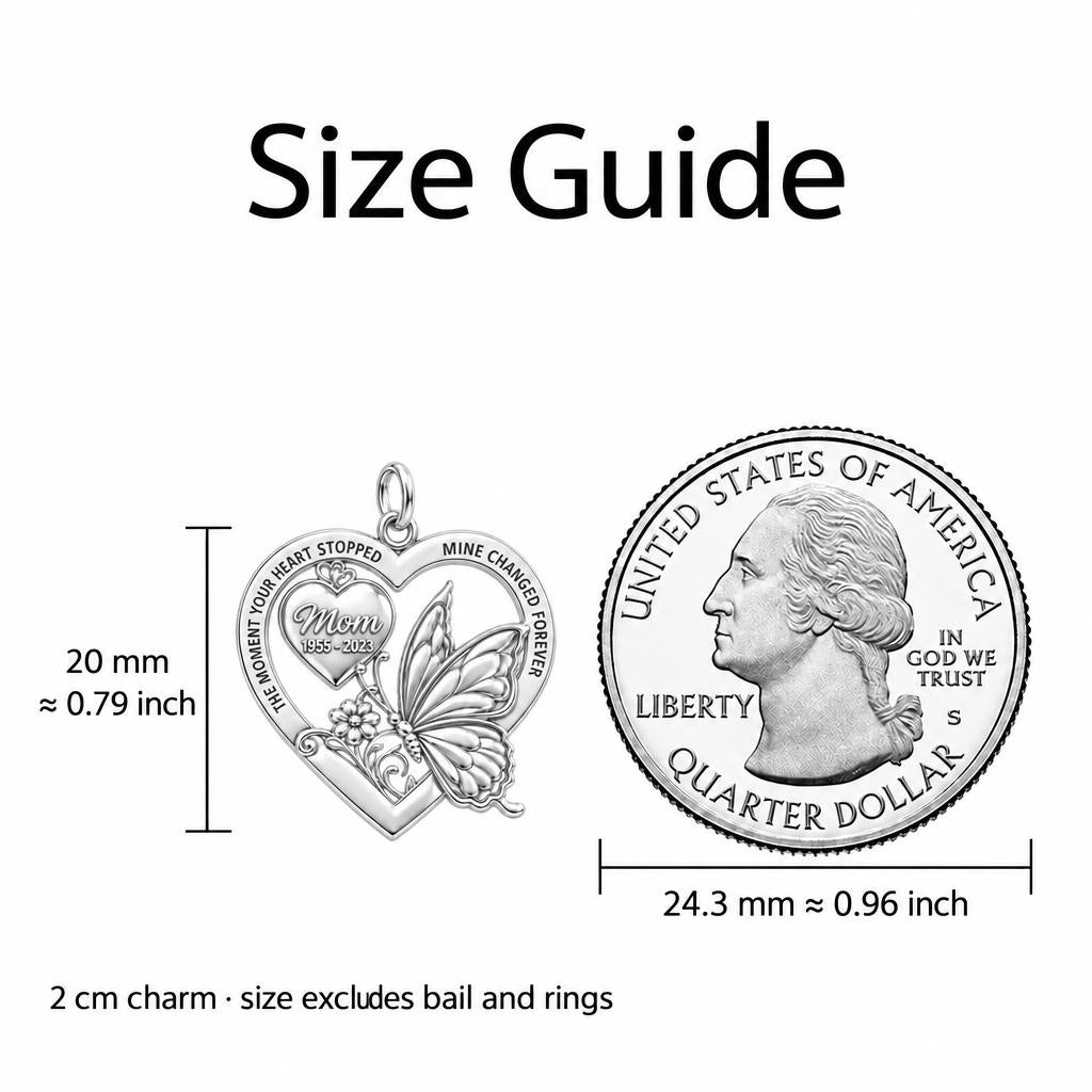 Eternal Butterfly Heart Charm Bracelet Set – size guide, 13 mm charm next to a quarter