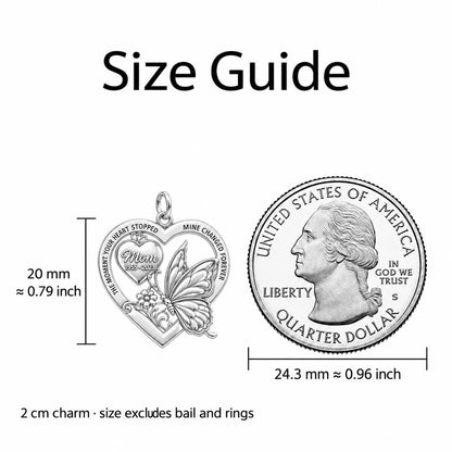 Eternal Butterfly Heart Charm Bracelet Set – size guide, 13 mm charm next to a quarter