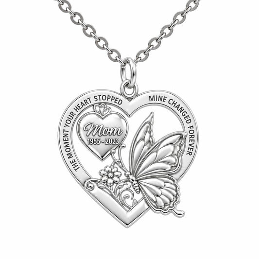 Eternal Butterfly Heart Charm Necklace Set – silver, front view
