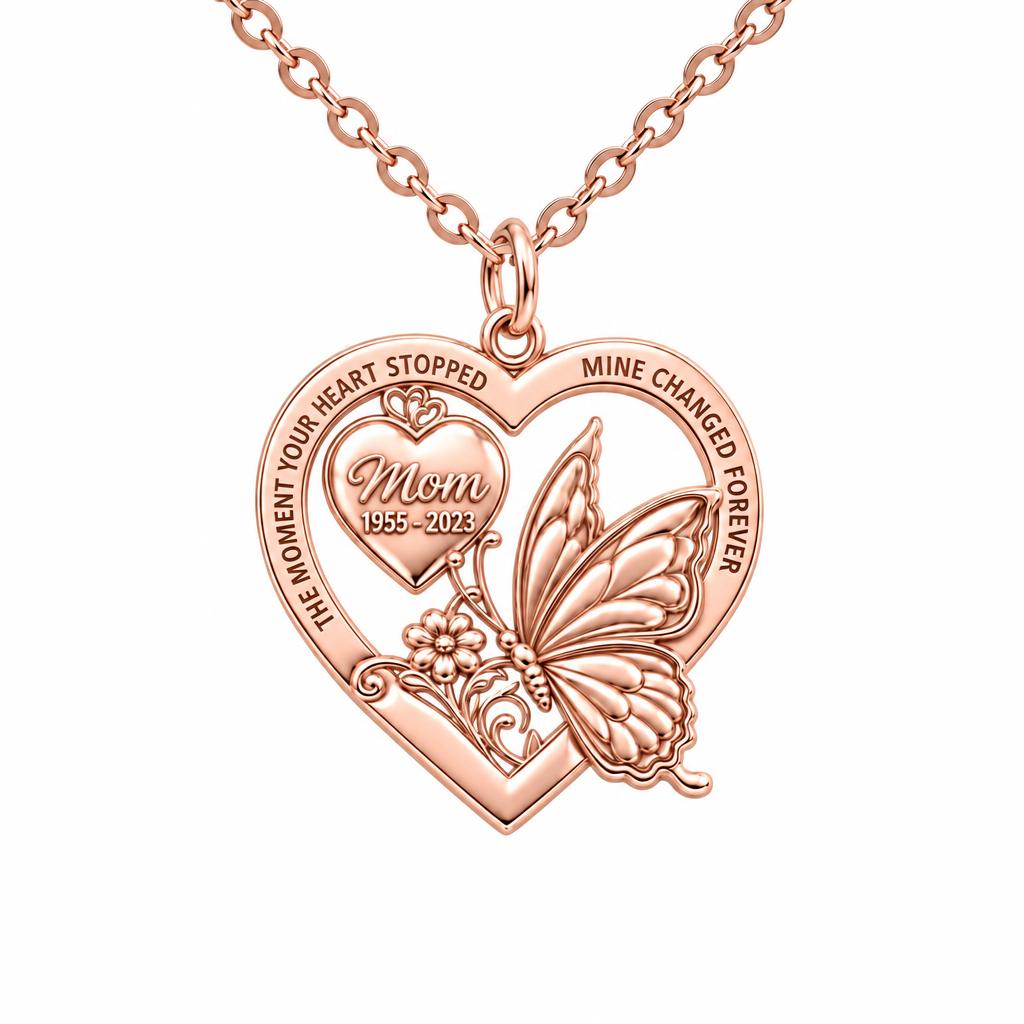 Eternal Butterfly Heart Charm Necklace Set – rose gold, front view