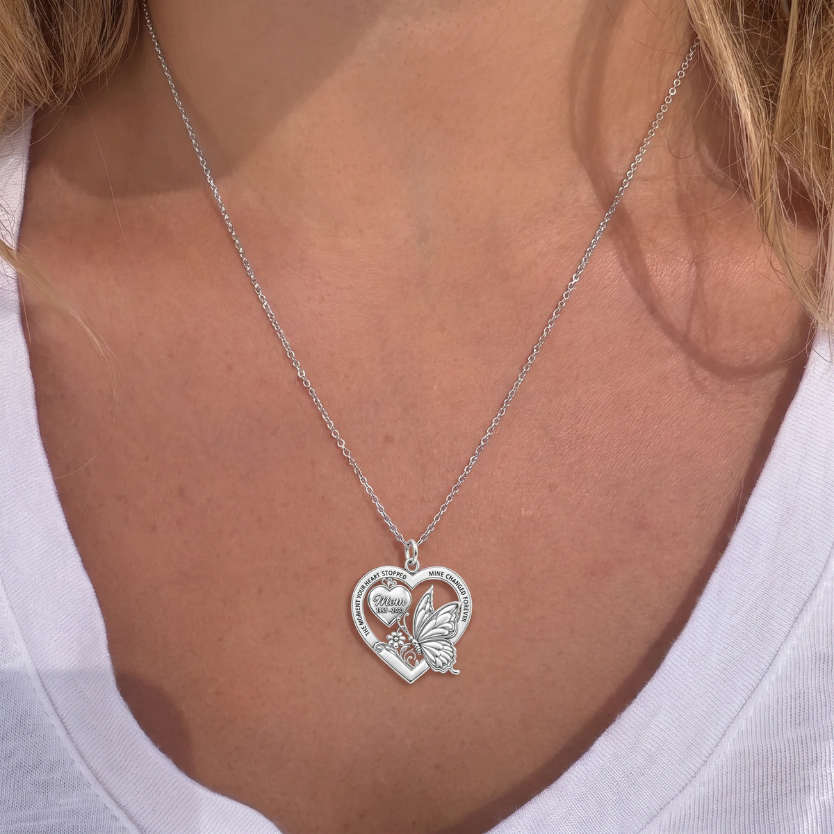 Eternal Butterfly Heart Charm Necklace Set – worn / in use
