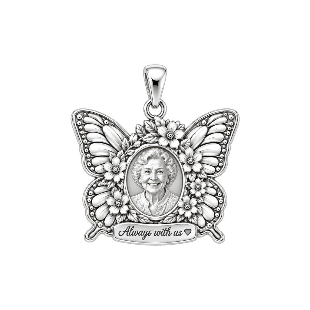 Eternal Butterfly Portrait Charm Bracelet – Personalized Memorial Gift – silver plated 2 cm charm, front view