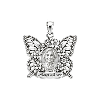 Eternal Butterfly Portrait Charm Bracelet – Personalized Memorial Gift – silver plated 2 cm charm, front view