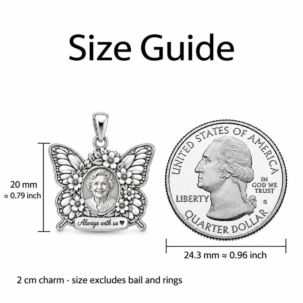 Eternal Butterfly Portrait Charm Bracelet – Personalized Memorial Gift – size guide, 2 cm charm next to a quarter