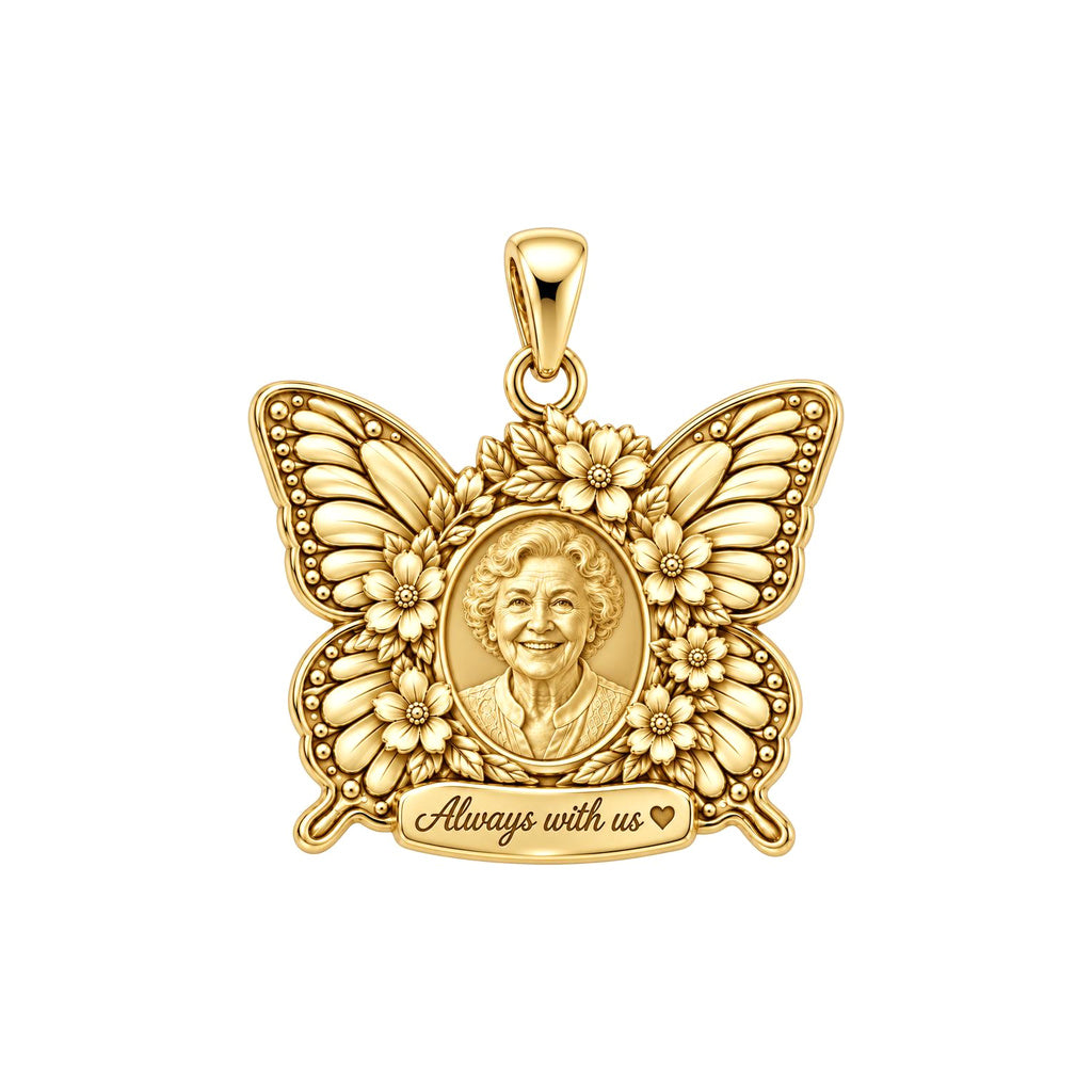 Eternal Butterfly Portrait Charm Bracelet – Personalized Memorial Gift – 18K gold plated 2 cm charm, front view