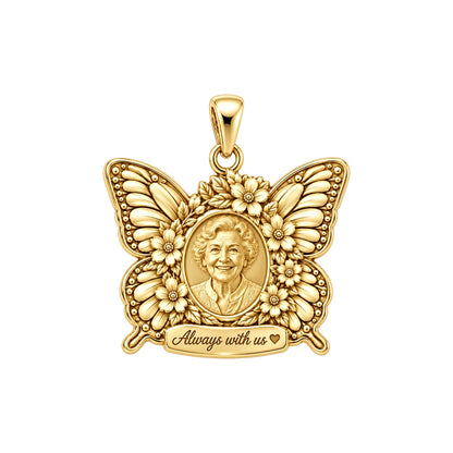 Eternal Butterfly Portrait Charm Bracelet – Personalized Memorial Gift – 18K gold plated 2 cm charm, front view