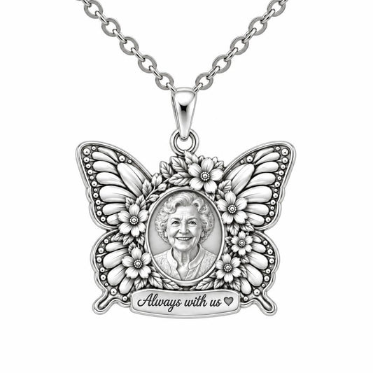 Eternal Butterfly Portrait Charm Necklace Set – silver, front view
