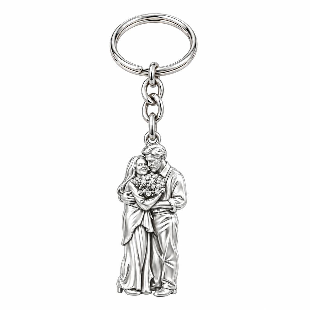 Eternal Couple Bouquet Charm Keychain – silver, front view