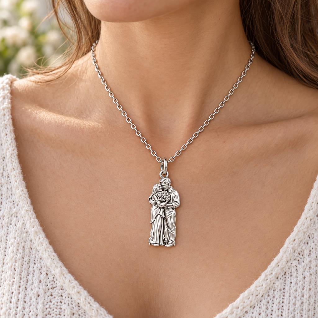 Eternal Couple Bouquet Charm Necklace Set – worn / in use