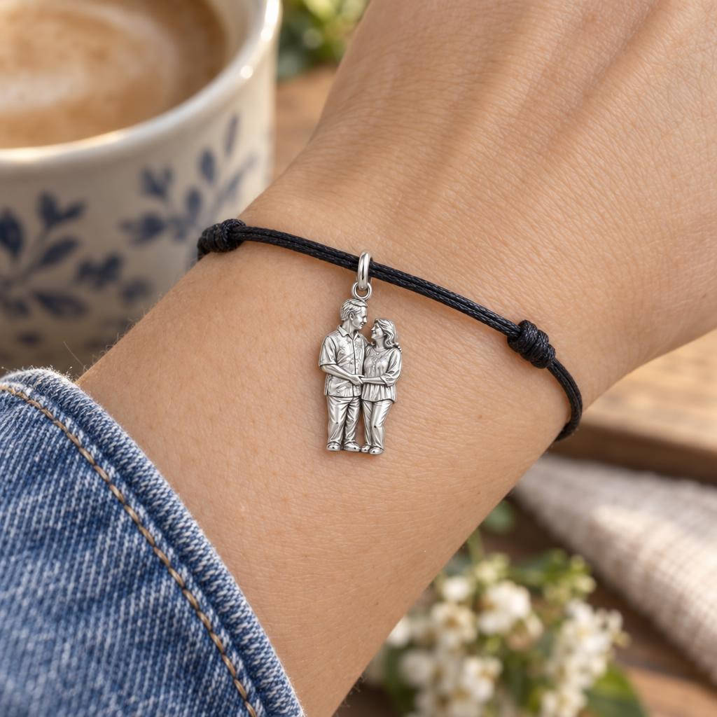 Eternal Couple Likeness Charm Bracelet – Personalized Couple Gift – worn on the wrist on a black cord bracelet
