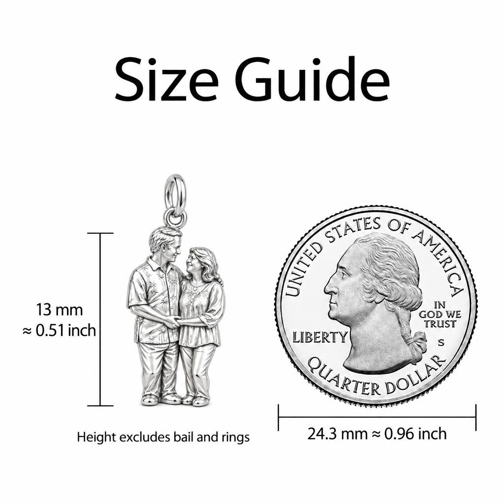 Eternal Couple Likeness Charm Bracelet Set – size guide, 13 mm charm next to a quarter