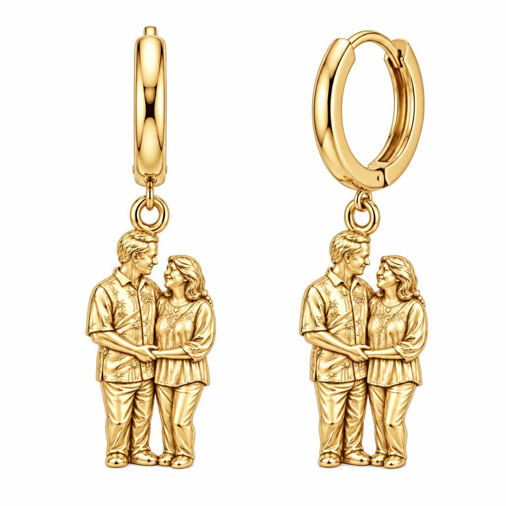 Eternal Couple Likeness Huggie Charm Earrings – 18K gold, front view