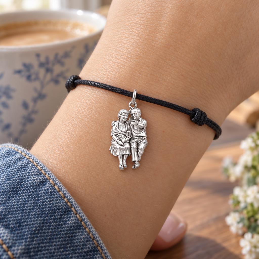 Eternal Couple Selfie Charm Bracelet – Personalized Couple Gift – worn on the wrist on a black cord bracelet