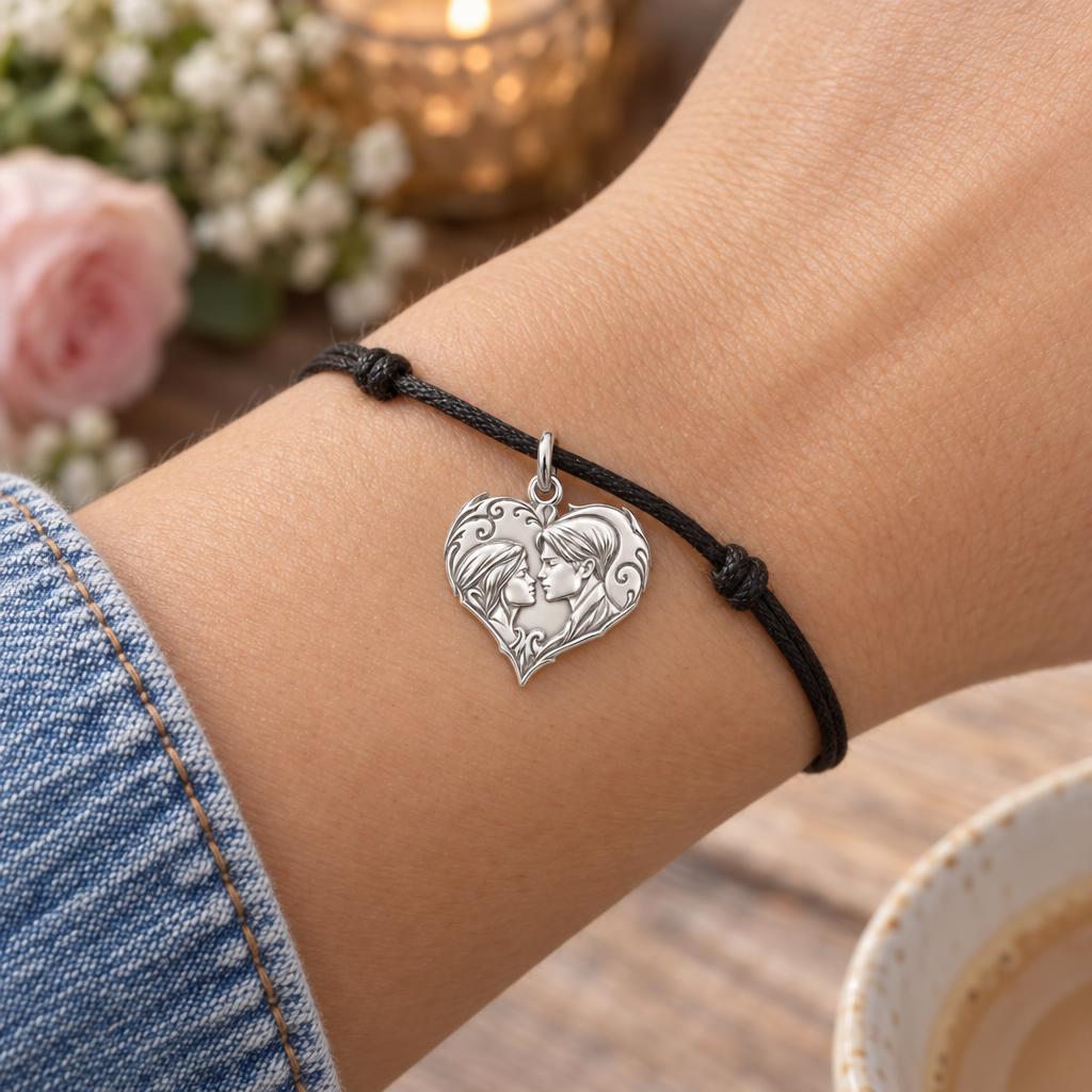 Eternal Devotion Heart Charm Bracelet – Personalized Couple Gift – worn on the wrist on a black cord bracelet