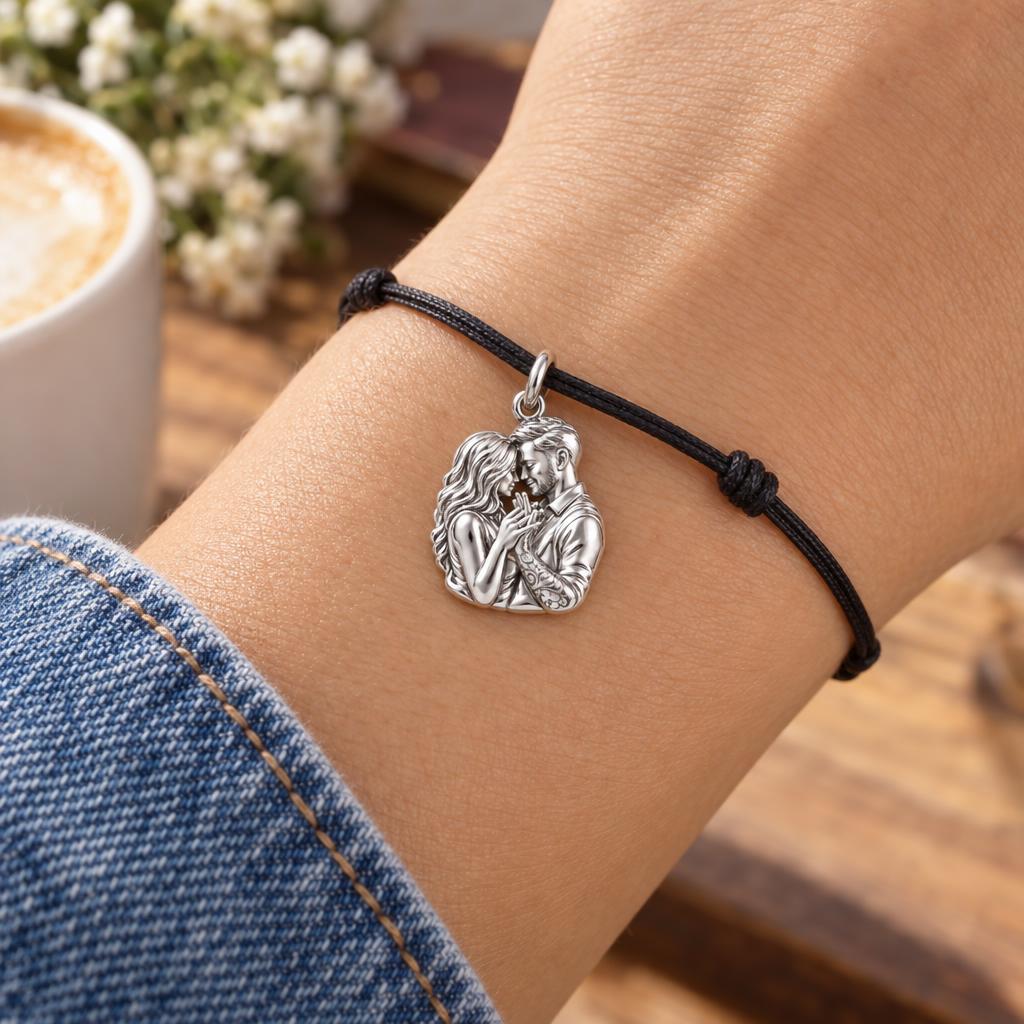 Eternal Devotion Portrait Charm Bracelet – Personalized Couple Gift – worn on the wrist on a black cord bracelet