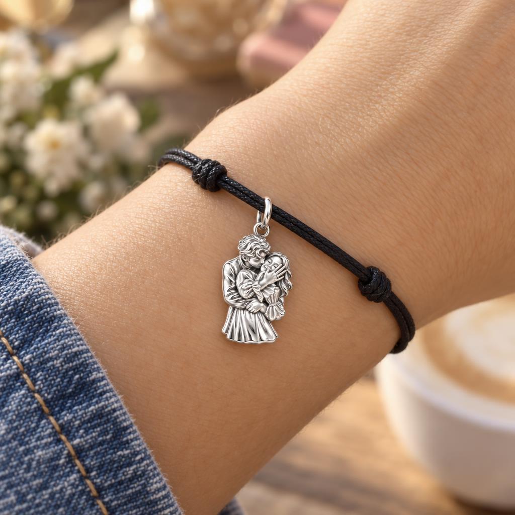 Eternal Embrace Charm Bracelet – Personalized Couple Gift – worn on the wrist on a black cord bracelet
