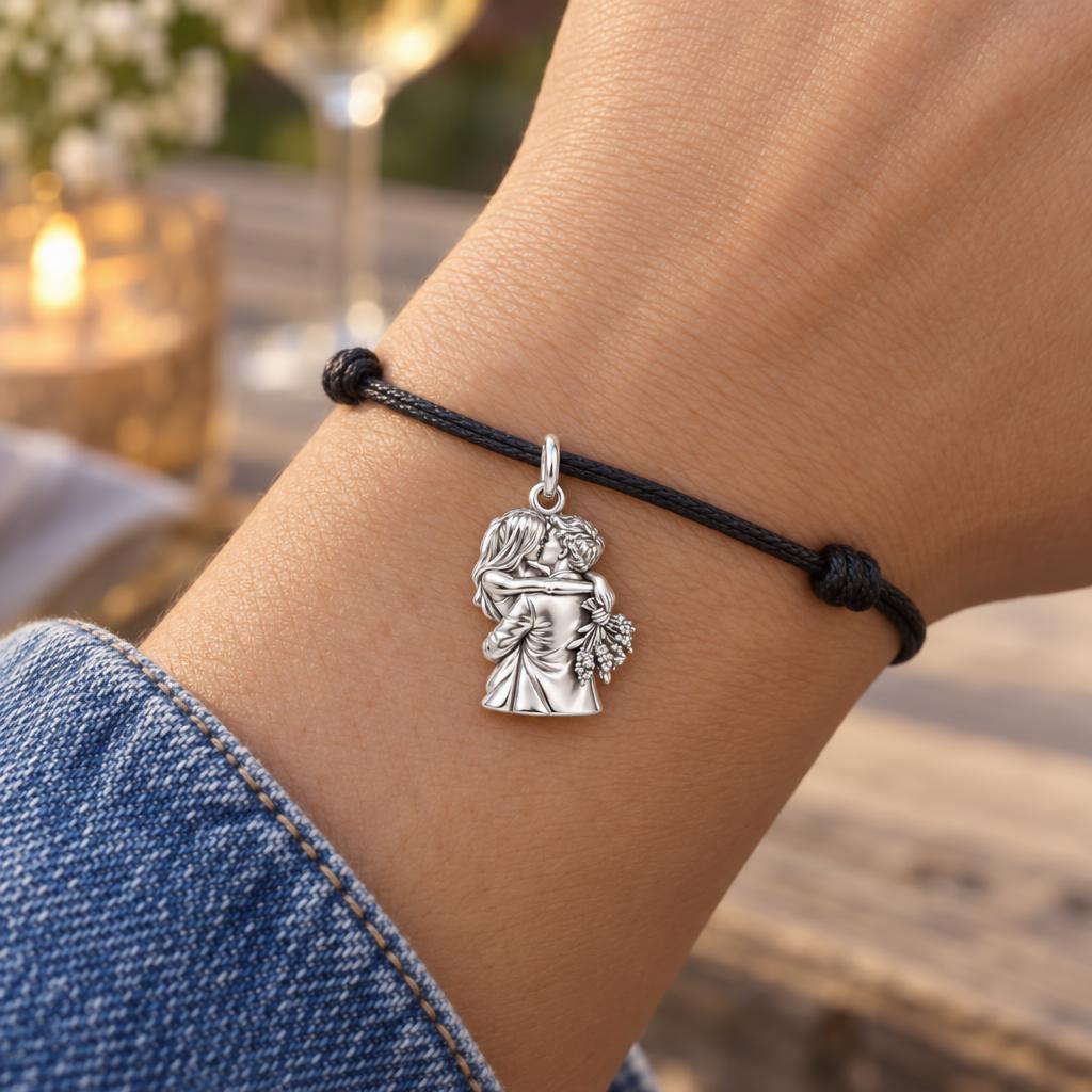 Eternal Embrace Couple Charm Bracelet – Personalized Couple Gift – worn on the wrist on a black cord bracelet