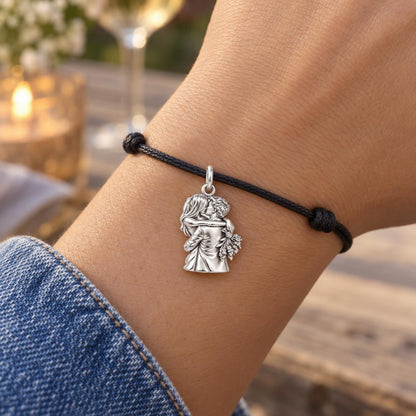 Eternal Embrace Couple Charm Bracelet – Personalized Couple Gift – worn on the wrist on a black cord bracelet
