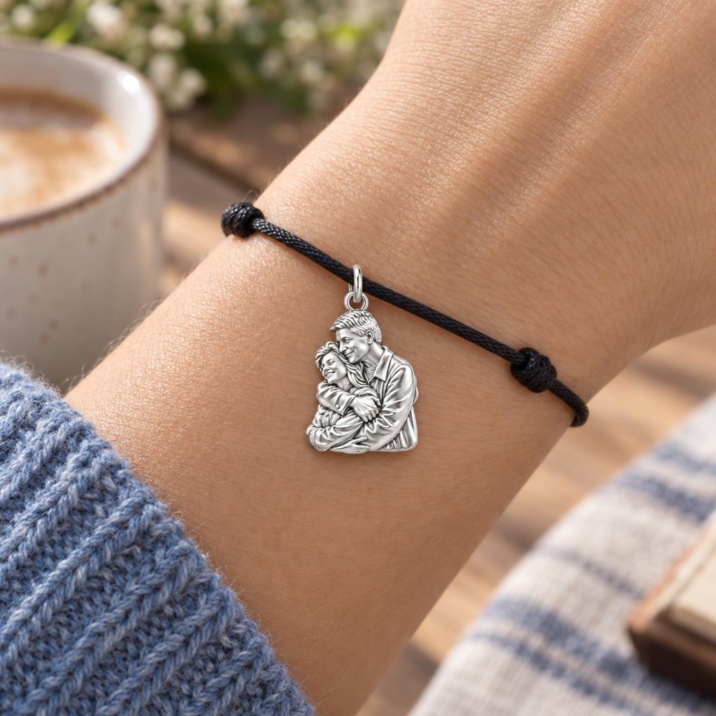Eternal Embrace Photo Charm Bracelet – Personalized Couple Gift – worn on the wrist on a black cord bracelet