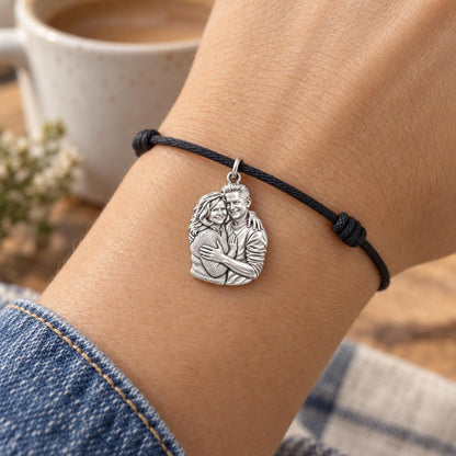 Eternal Embrace Photo Charm Bracelet – Personalized Couple Gift – worn on the wrist on a black cord bracelet