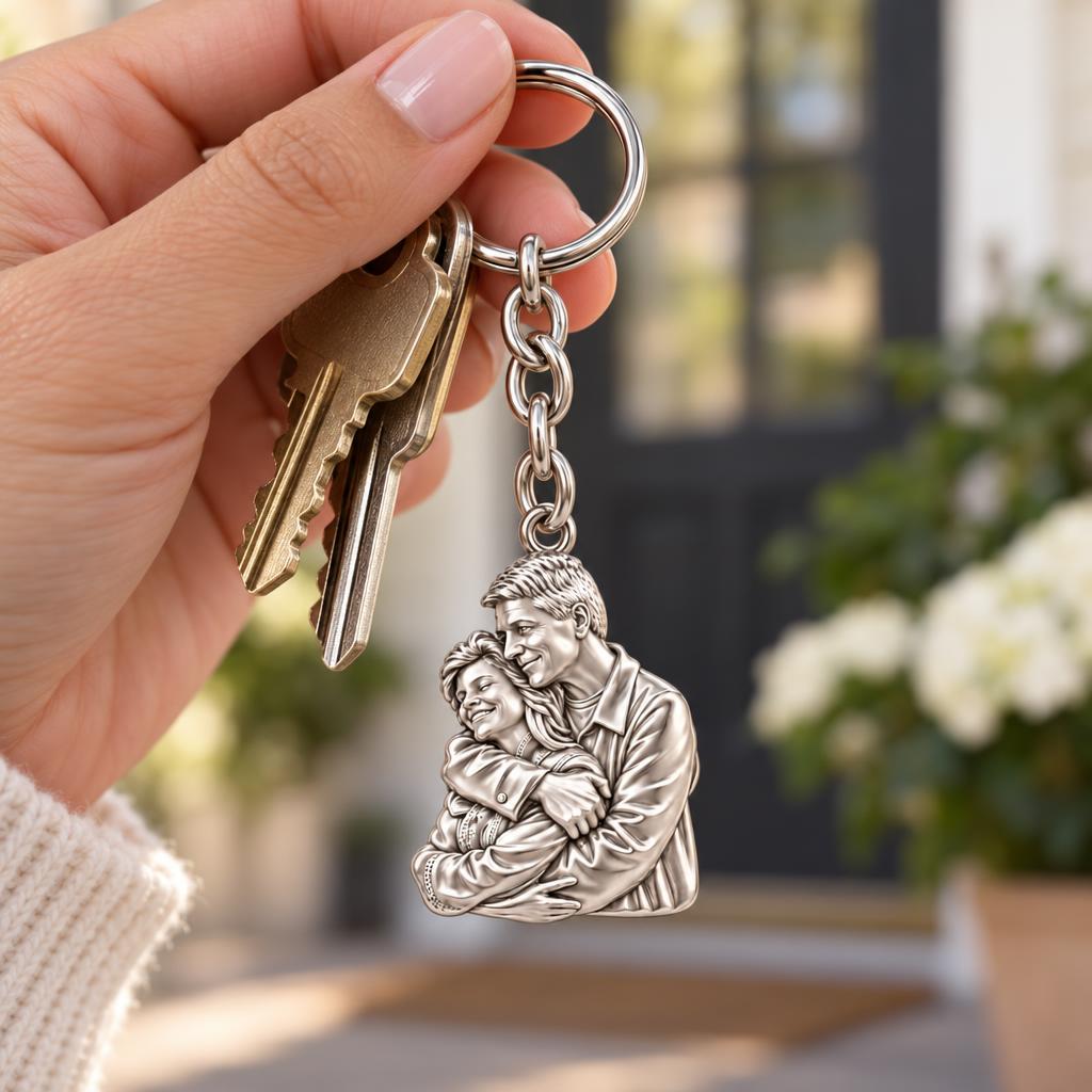 Eternal Embrace Photo Charm Keychain – worn / in use