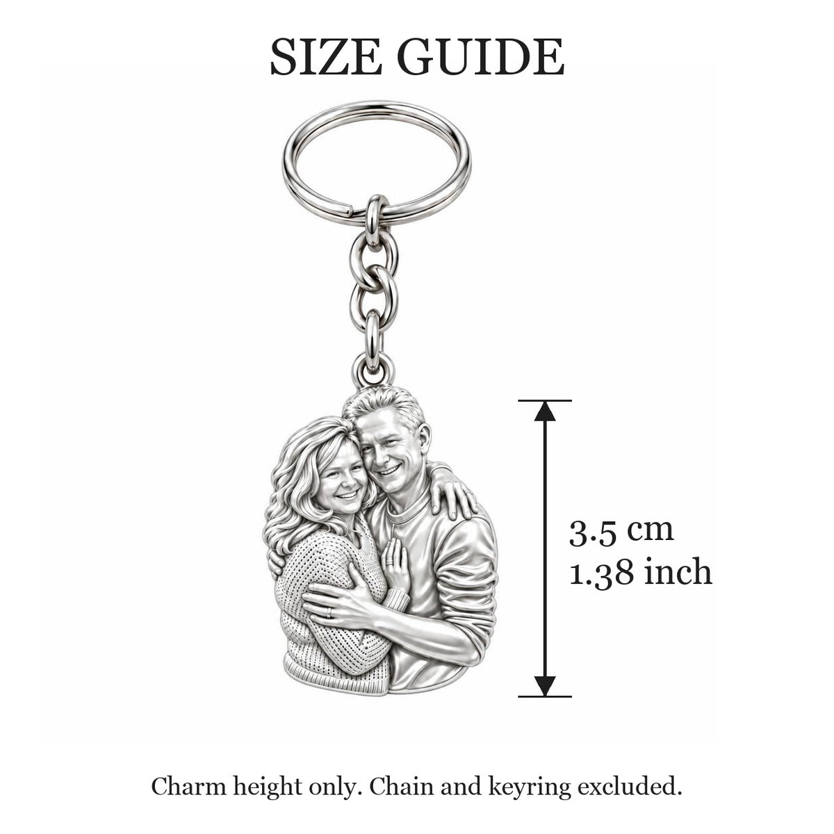 Eternal Embrace Photo Charm Keychain – size guide, 3.5 cm (1.38 in) charm, chain and keyring excluded