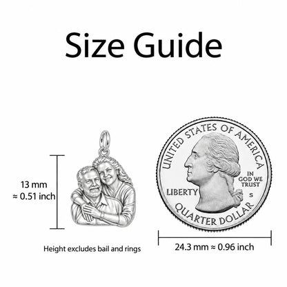 Eternal Embrace Photo Charm Keychain – size guide, 13 mm charm next to a quarter