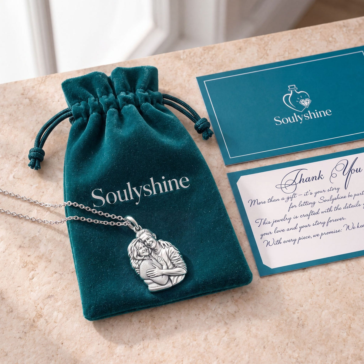 Eternal Embrace Photo Charm Necklace Set – Soulyshine velvet pouch and gift card