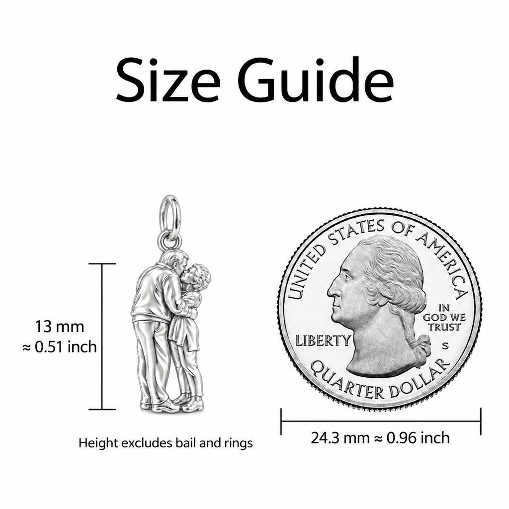 Eternal Embrace Photo Keepsake Plaque – size guide, 13 mm charm next to a quarter