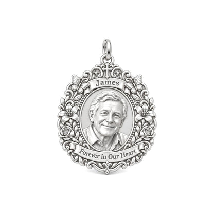 Eternal Floral Remembrance Charm Bracelet – Personalized Memorial Gift – silver plated 2 cm charm, front view