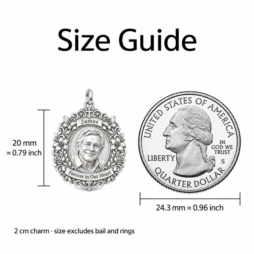 Eternal Floral Remembrance Charm Bracelet – Personalized Memorial Gift – size guide, 2 cm charm next to a quarter