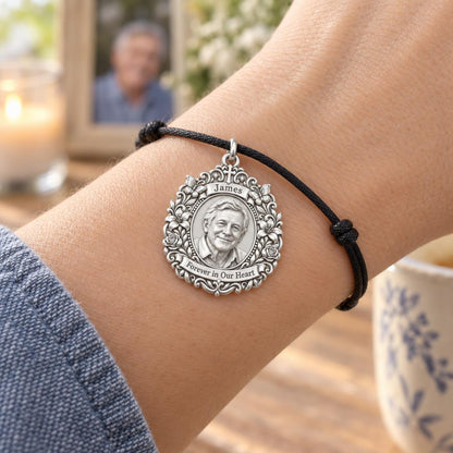Eternal Floral Remembrance Charm Bracelet – Personalized Memorial Gift – worn on the wrist on a black cord bracelet