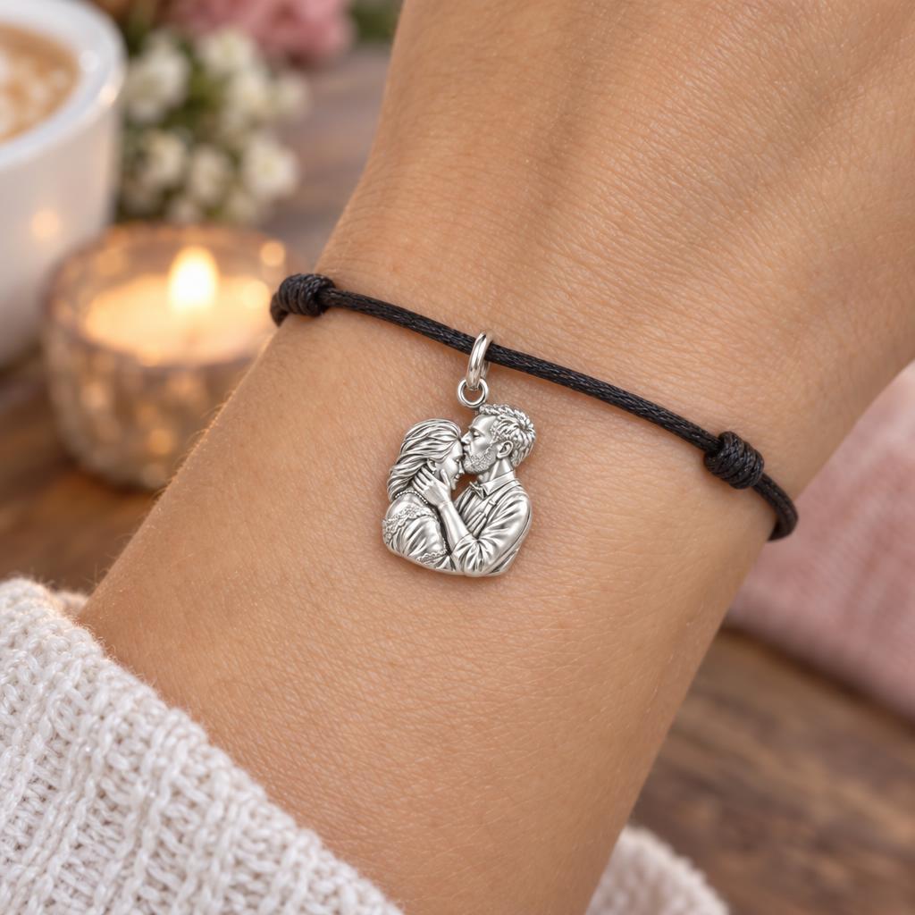 Eternal Forehead Kiss Charm Bracelet – Personalized Couple Gift – worn on the wrist on a black cord bracelet