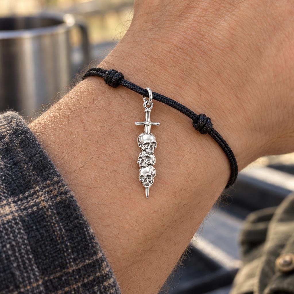 Eternal Guardian Sword Charm Bracelet – Personalized Son Gift – worn on the wrist on a black cord bracelet