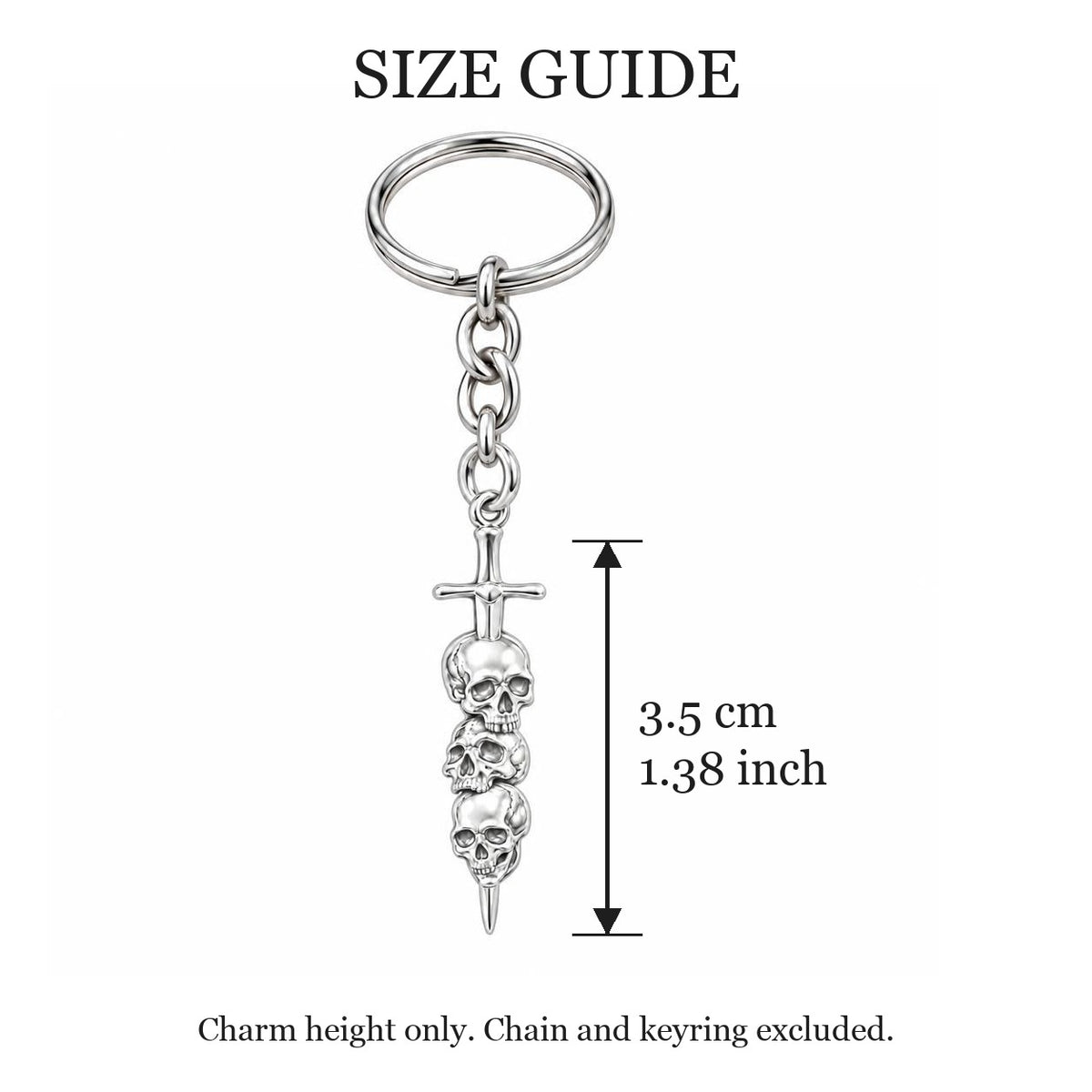 Eternal Guardian Sword Charm Keychain – size guide, 3.5 cm (1.38 in) charm, chain and keyring excluded