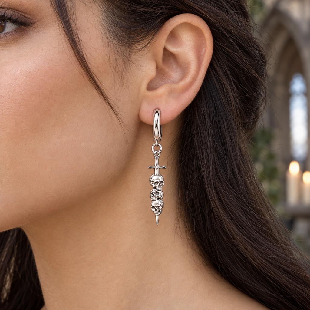 Eternal Guardian Sword Huggie Charm Earrings – worn / in use