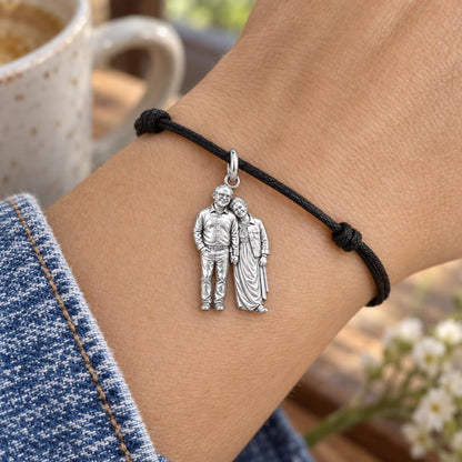 Eternal Hand in Hand Charm Bracelet – Personalized Couple Gift – worn on the wrist on a black cord bracelet