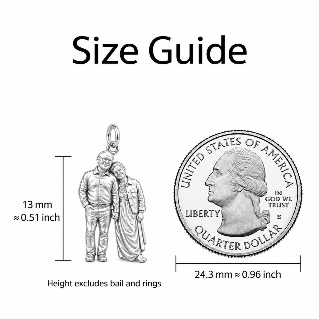 Eternal Hand in Hand Charm Necklace Set – size guide, 13 mm charm next to a quarter