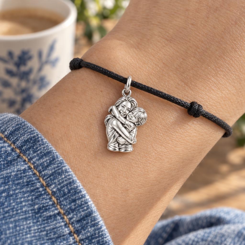 Eternal Hug Charm Bracelet – Personalized Mom Gift – worn on the wrist on a black cord bracelet