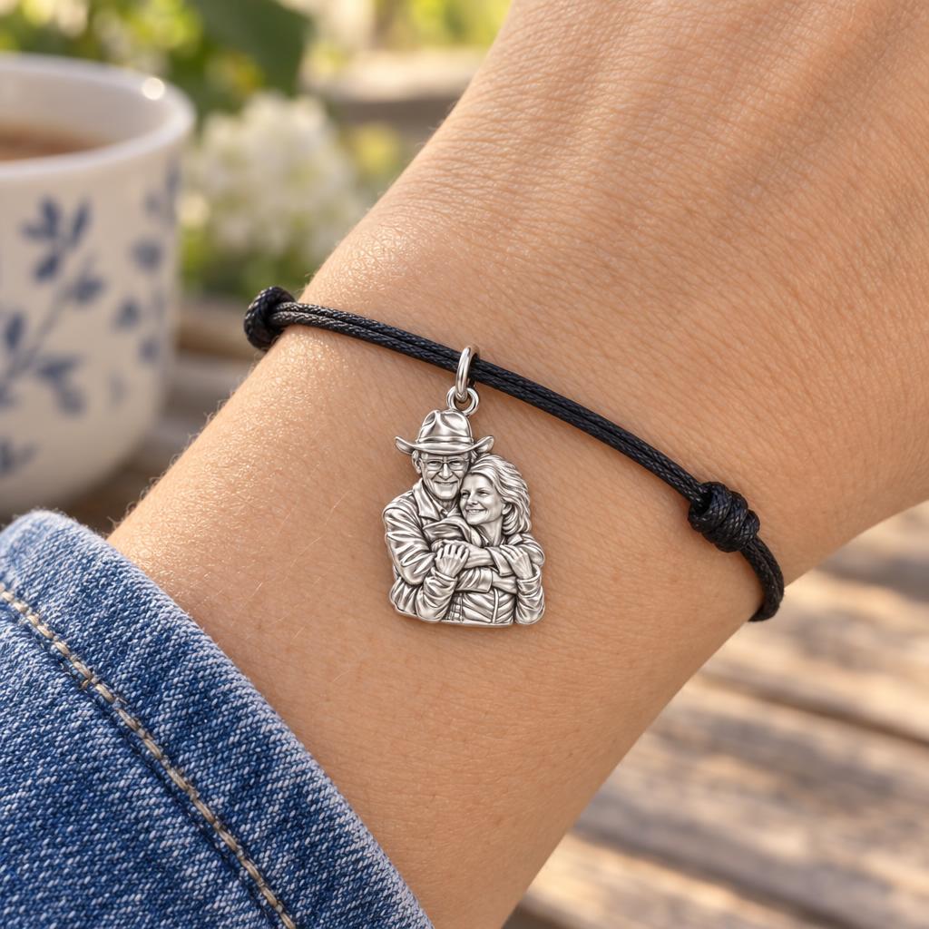 Eternal Hug Photo Charm Bracelet – Personalized Couple Gift – worn on the wrist on a black cord bracelet
