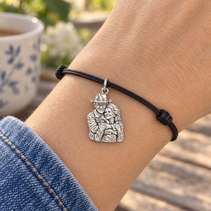 Eternal Hug Photo Charm Bracelet – Personalized Couple Gift – worn on the wrist on a black cord bracelet
