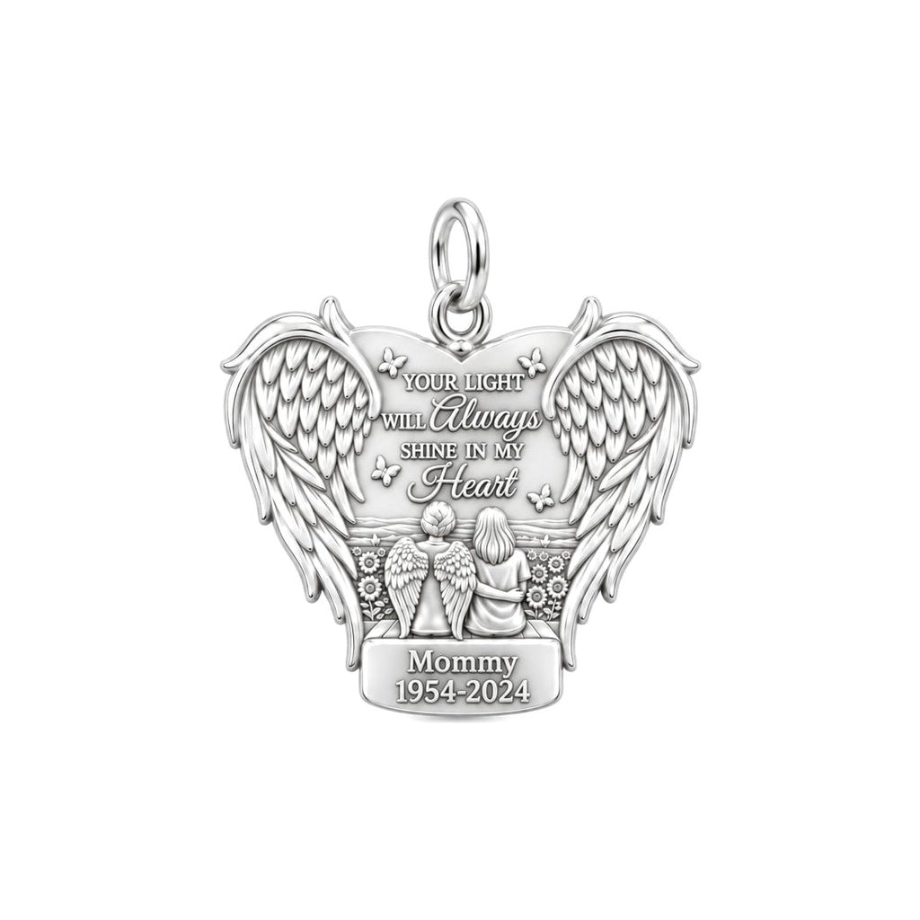 Eternal Light Angel Wings Charm Bracelet – Personalized Memorial Gift – silver plated 3 cm charm, front view