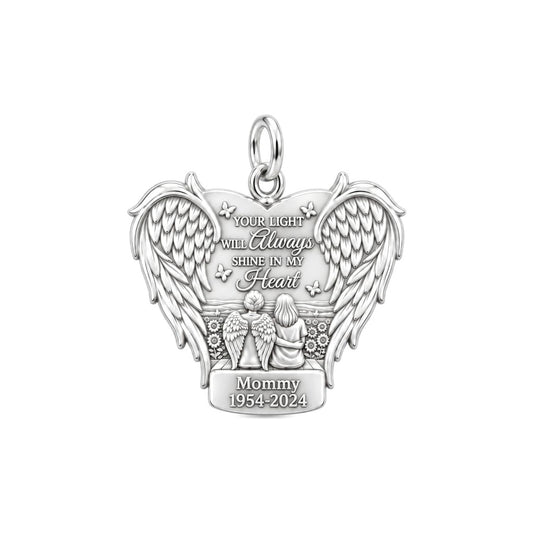 Eternal Light Angel Wings Charm Bracelet – Personalized Memorial Gift – silver plated 3 cm charm, front view